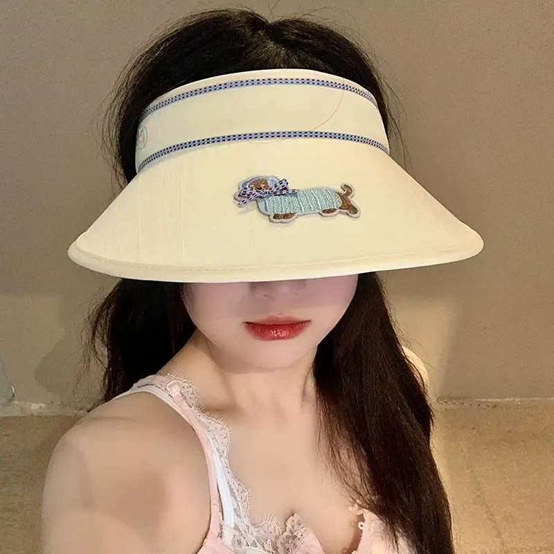 可爱腊肠狗空顶帽女夏季大帽檐防紫外线遮阳防晒帽户外太阳帽子潮