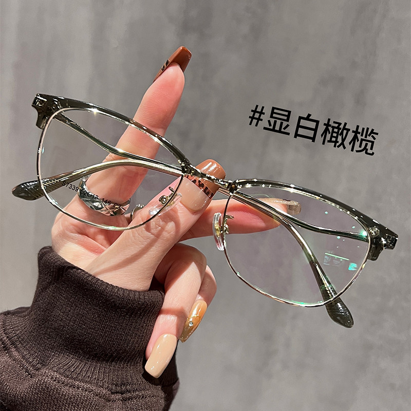 初明橄榄色半框眼镜可配近视女