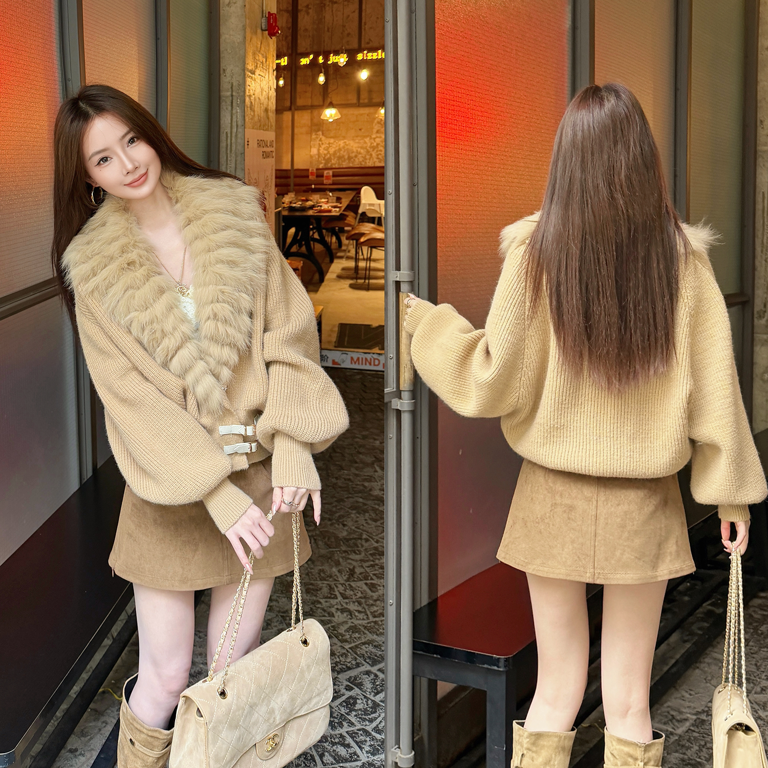 SG/杨依姗 FW月光奶狐狐狸毛翻领蝙蝠袖针织外套女秋季20206新款
