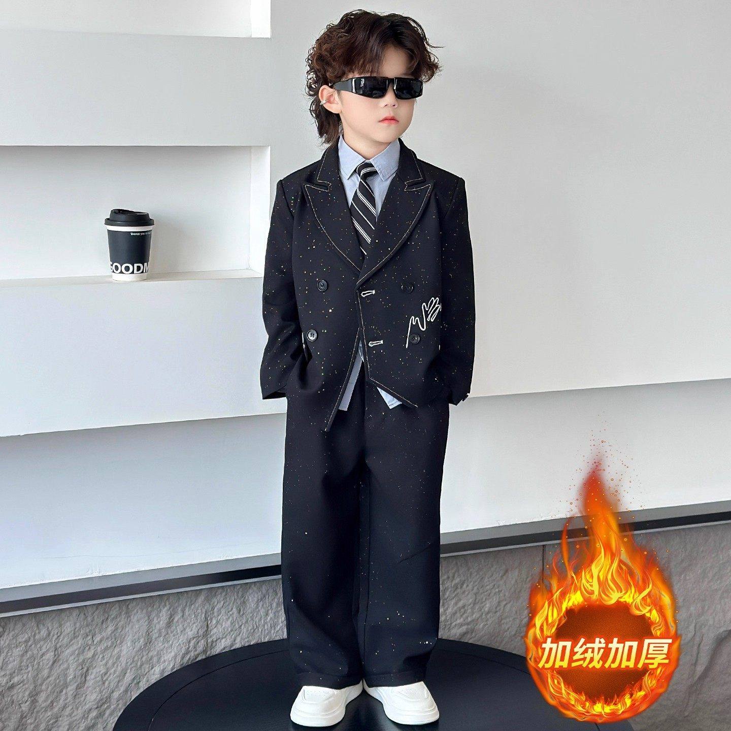 法国Uamtor儿童西装男童加绒礼服套装冬季新款花童西服主持演出服