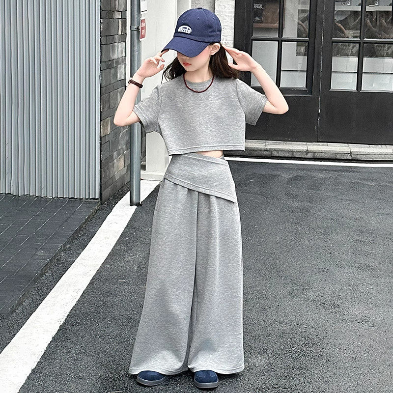法国Uamtor女童2026夏季新款套装洋派时髦短袖t恤中大童两件套