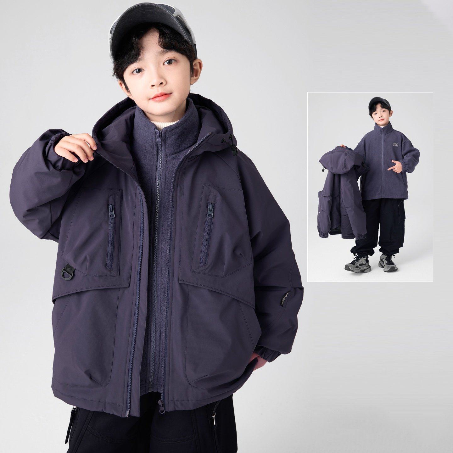 法国BADNUT男童秋冬冲锋衣2025新款儿童可拆卸三合一大童铺棉外套