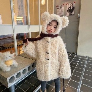 法国BADNUT女童加绒外套秋冬2025新款儿童巨可爱中大童小熊毛毛衣