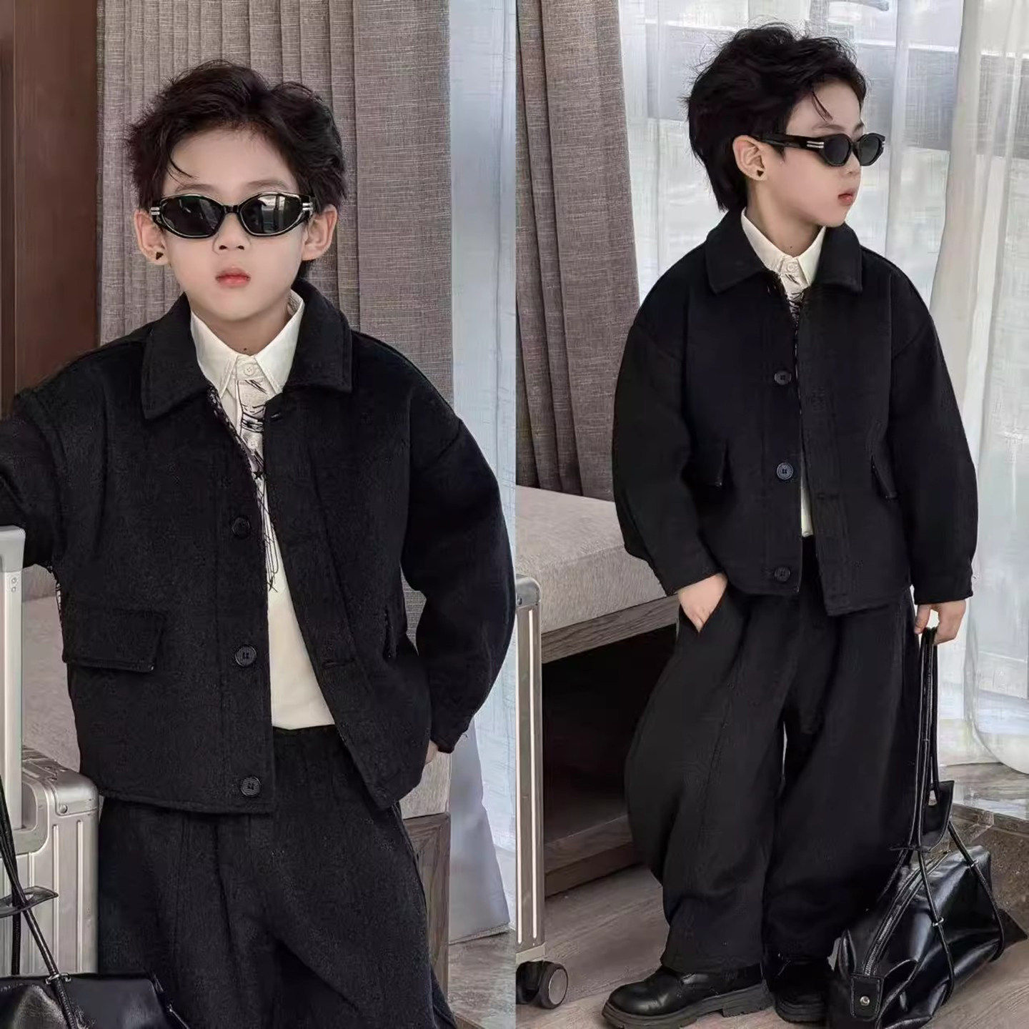 法国Uamtor老钱风男童黑色西装套装儿童高级感秋冬两件套年款童装