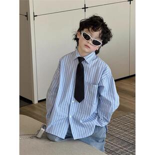 法国Uamtor男孩条纹衬衫长袖领带衬衫儿童的2025年秋季新学院风上