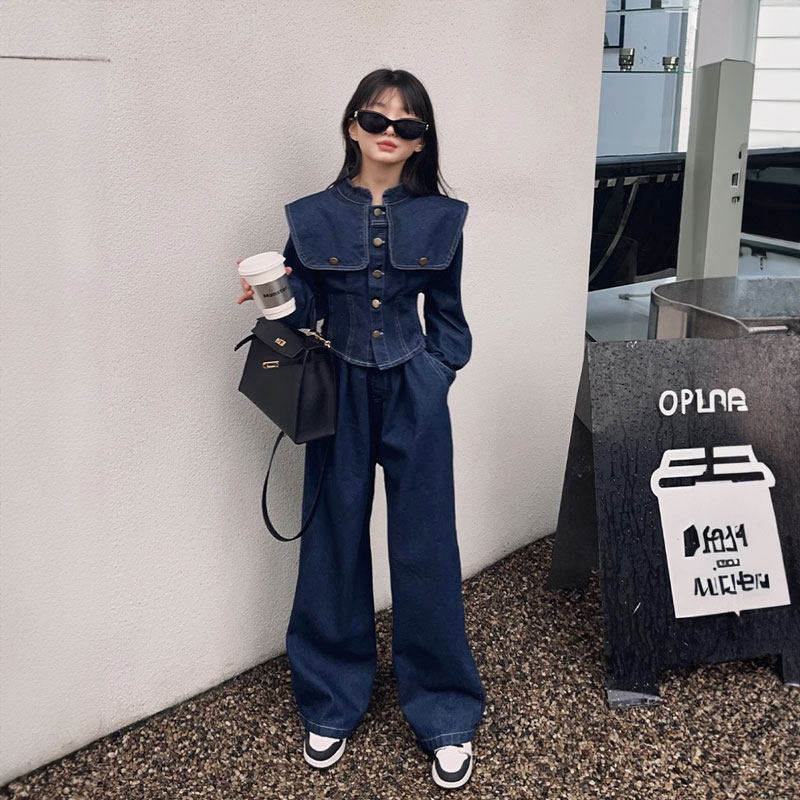 法国BADNUT女童牛仔套装春秋季大童儿童网红拽姐阔腿裤两件套