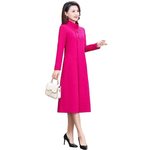 网红压花通心棉加厚弹力保暖裙中长春秋复古长袖立领玫瑰花连衣裙