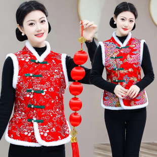 东北大花喜庆马甲女民族风盘扣棉袄妈妈唐装 坎肩 加绒加厚保暖无袖