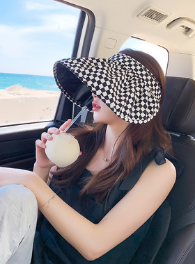 夏季女士格子空顶防晒帽防紫外线发箍式太阳帽海边沙滩贝壳帽遮阳