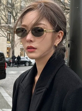 复古小框港风凹造型太阳眼镜老钱风金属椭圆形墨镜女款防晒高级感