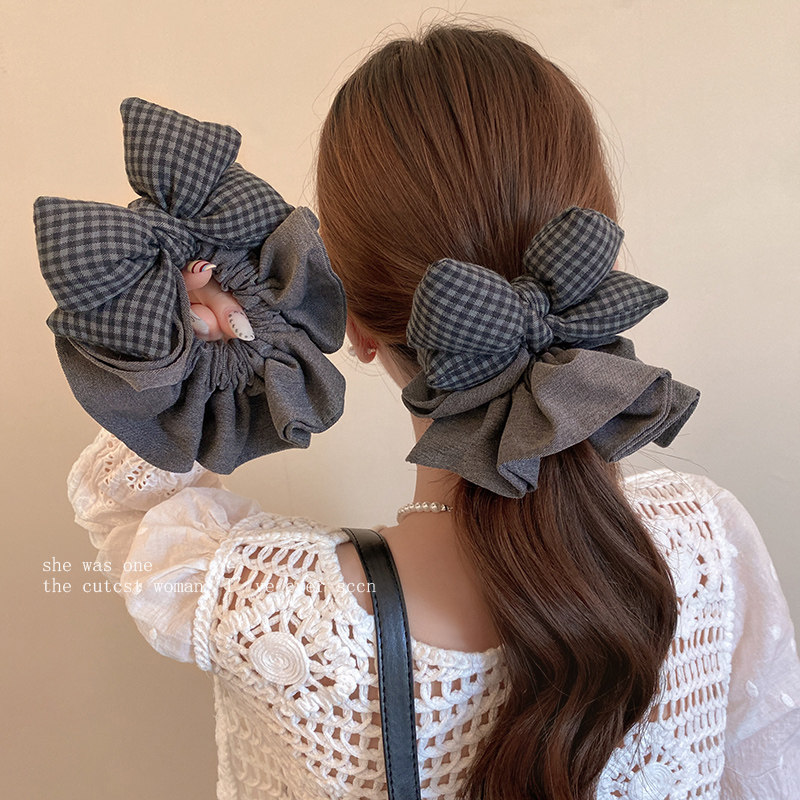 黑灰格纹蝴蝶结发圈新款