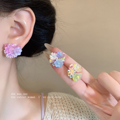 虞书欣蓝色同款彩色花朵耳钉