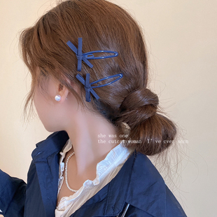 韩系牛仔蓝蝴蝶结发夹女高级感前额碎发bb夹侧边刘海夹子发卡新款