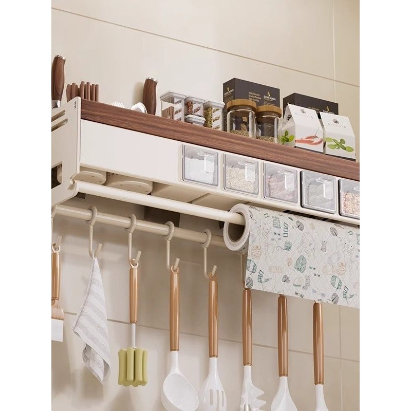 厨房墙面收纳壁挂调味料瓶子浴室免打孔胡桃木实木架子厨房置物架