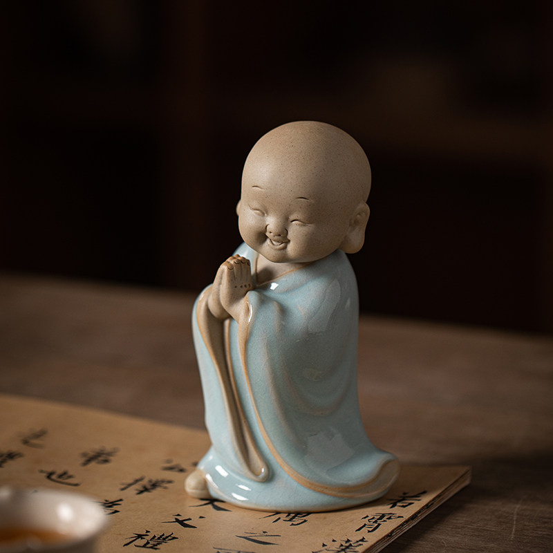 小和尚摆件佛系禅意陶瓷人物家居玄关书房桌面装饰茶桌斗笠茶漏
