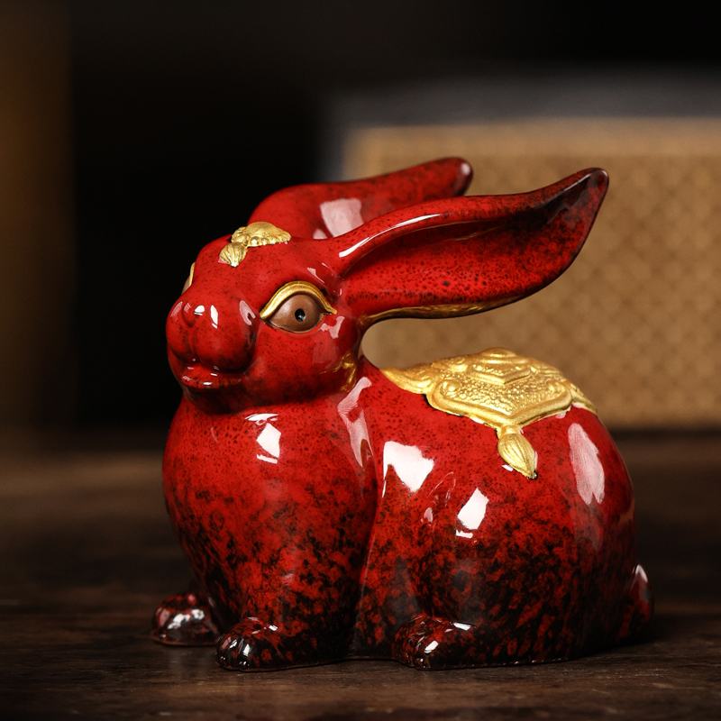 新中式红色吉祥物兔陶瓷摆件客厅酒柜博古架办公室桌面装饰工艺品