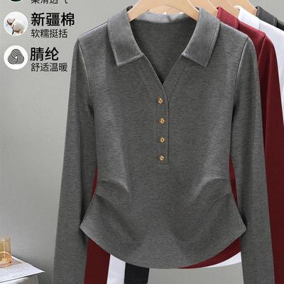 时尚长袖翻领t恤女2025秋装新款洋气修身显瘦Polo领休闲打底衫女