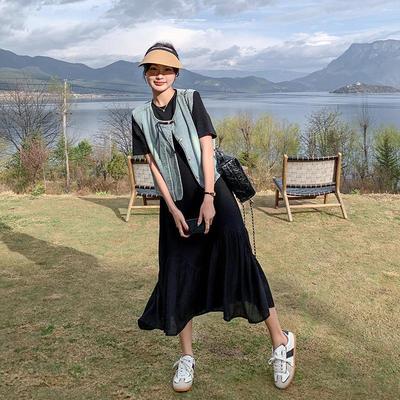 实拍黑色T恤连衣裙套装裙夏季女2025新款轻熟风牛仔蓝马甲两件套