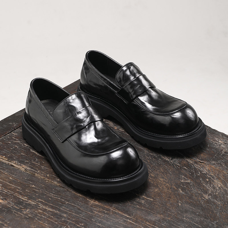 高档厚底大头乐福鞋男士胎牛皮手抓纹潮流休闲一脚蹬皮鞋增高夏季