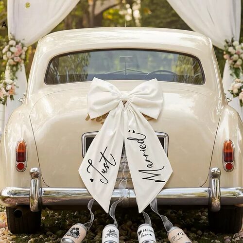 White Satin Just Married Wedding Car Bow Tail Car Decor Bow