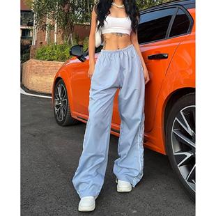 elastic drawstrings long pants both casual waist sides