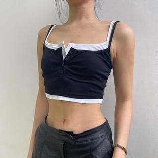 contrast two girl with Fake top button tight color small