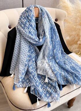 Colorful printed fringed cotton and linen scarf流苏棉麻围巾