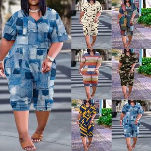Pocket Loose Neck Splicing Womens Jumpsuit Size Patch