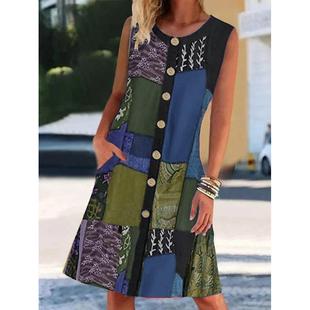 sleeveless color contrast round neck pocket dress insert