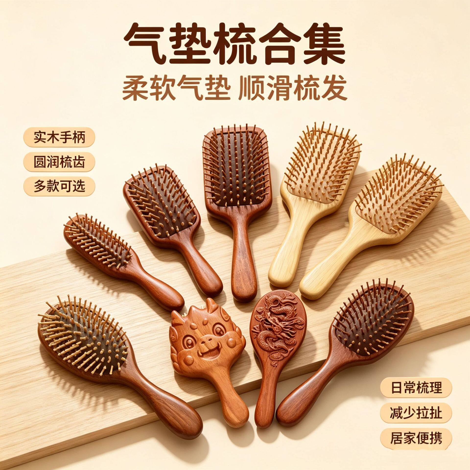 檀木气垫按摩梳女士家用美发梳卷发梳经络按摩气垫梳把手气囊梳