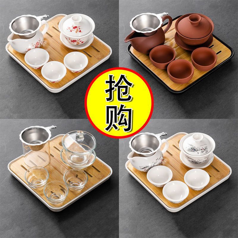 家用功夫茶具盖碗小套装客厅会客整套一碗三杯茶盘陶瓷茶杯泡茶壶
