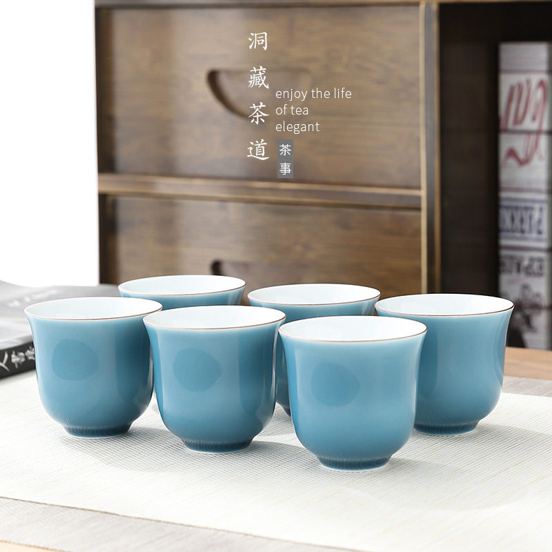 功夫茶具羊脂玉茶杯陶瓷大号水杯6个装家用简约白瓷青瓷主人杯
