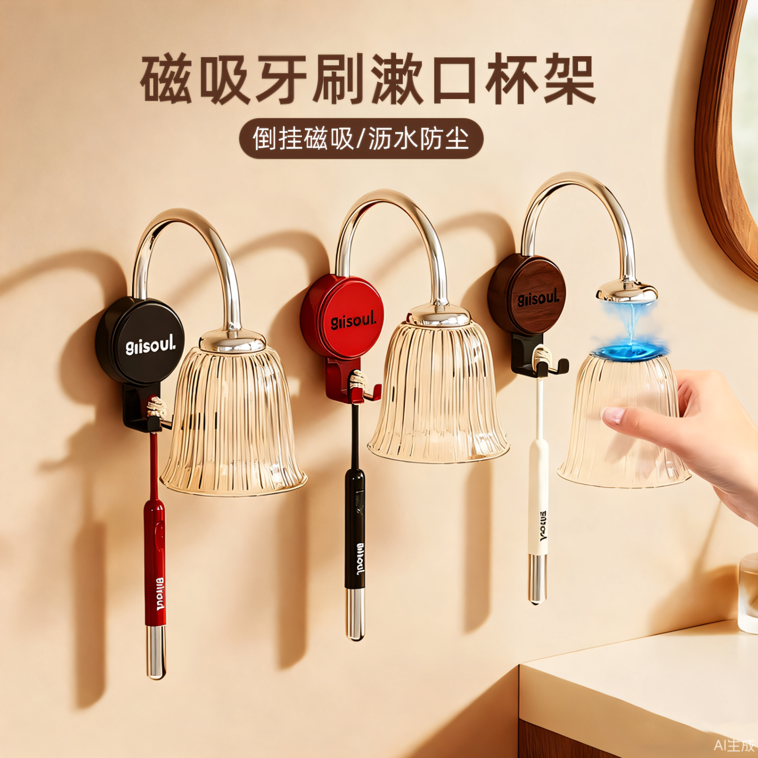 牙刷架刷牙杯电动牙刷置物架倒挂磁吸漱口杯收纳壁挂式免打孔挂架