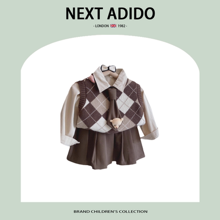 英国NEXT ADIDO女童春秋款长袖连衣裙新款学院风背心连衣裙假两件