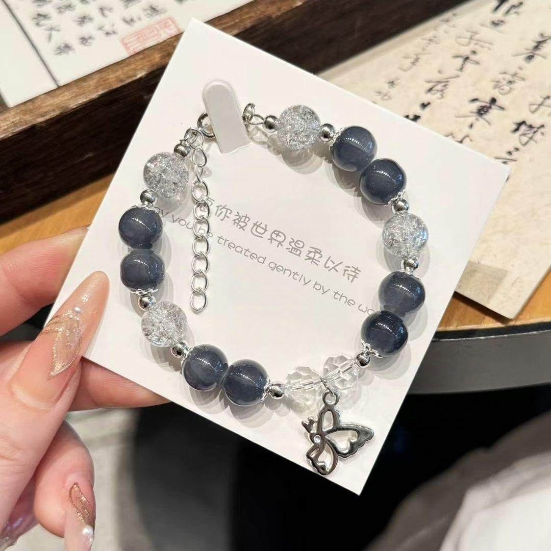 古风墨染蝴蝶手黑白串串珠琉璃新中式小众in气质情侣学生手链礼物