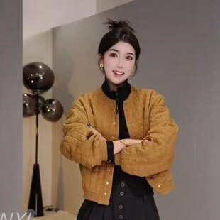 复古简约菱形格绗缝夹棉加厚保暖短外套女轻薄棒球服宽松夹克