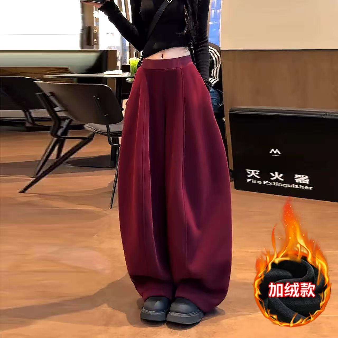 美式加绒加厚弯刀卫裤女