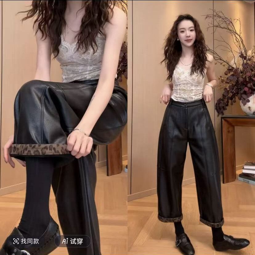 设计感黑色加厚皮裤女2026春季高腰显瘦洋气时髦豹纹弯刀九分裤子