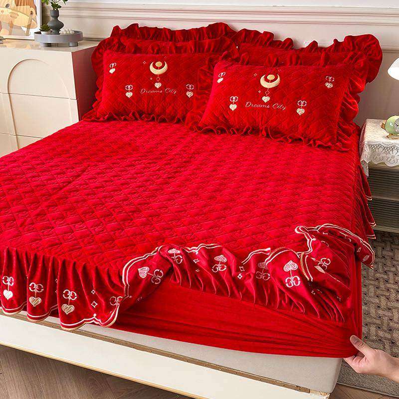 高级感a类婴儿绒夹棉单件床笠带裙边大红色结婚加厚床单花边床罩,床上用品,床笠,淘宝优惠券,粉丝福利购,淘宝优惠卷