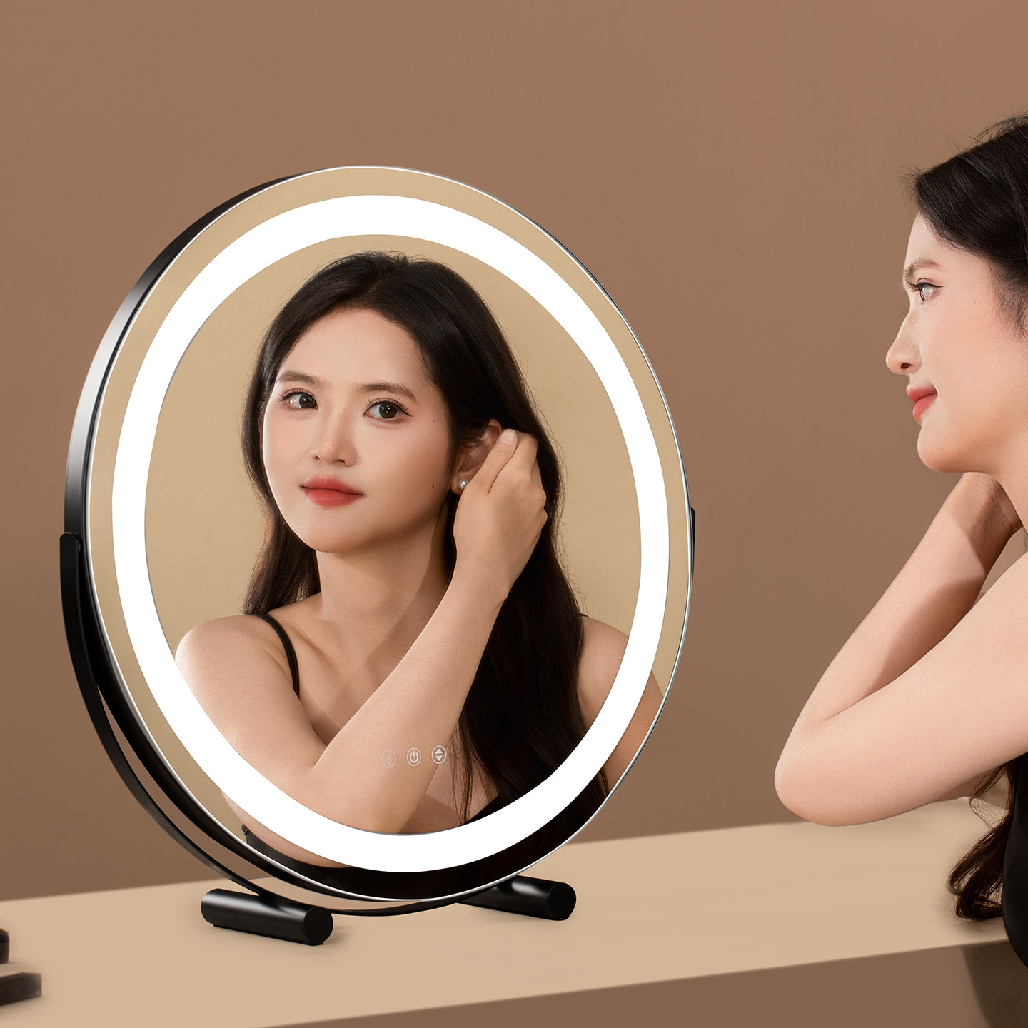 可旋转led带灯化妆镜台式桌面化妆台宿舍卧室补光充电半圆大镜子