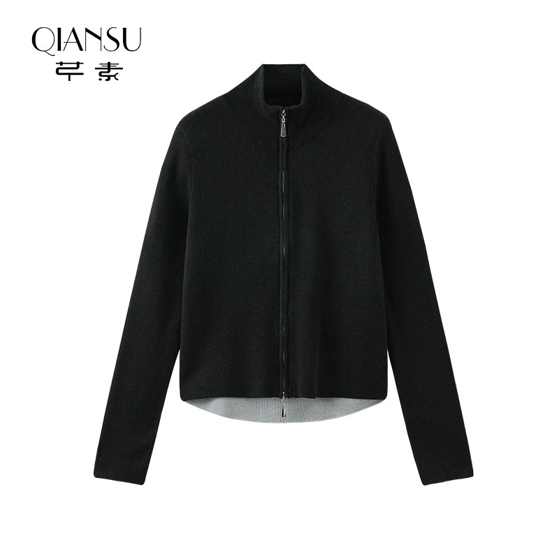 芊素简约双头拉链开衫针织衫冬季新款半高领修身显瘦上衣54939313