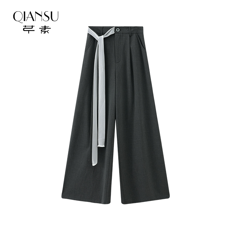 芊素复古通勤减龄绑带阔腿长裤秋季高腰显瘦休闲百搭长裤5353018