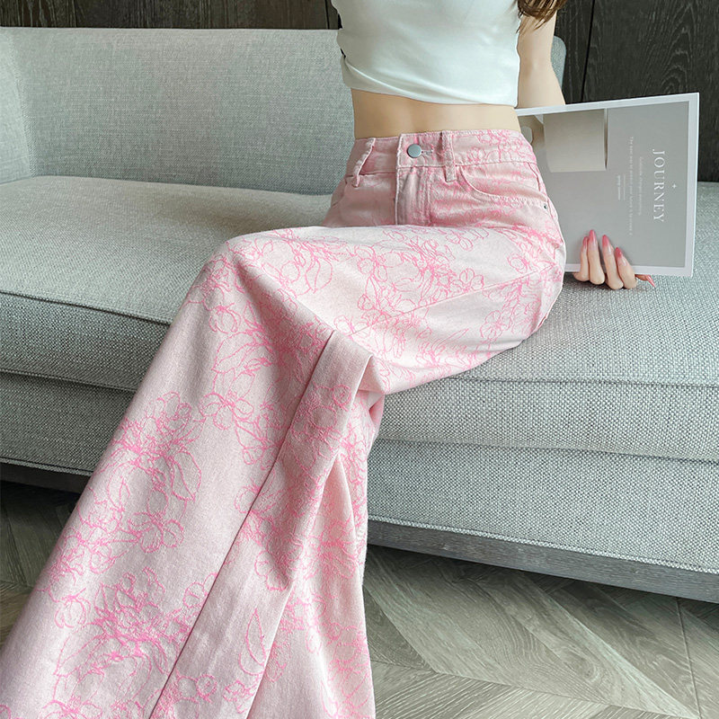 中式立体刺绣直筒阔腿牛仔裤女图片