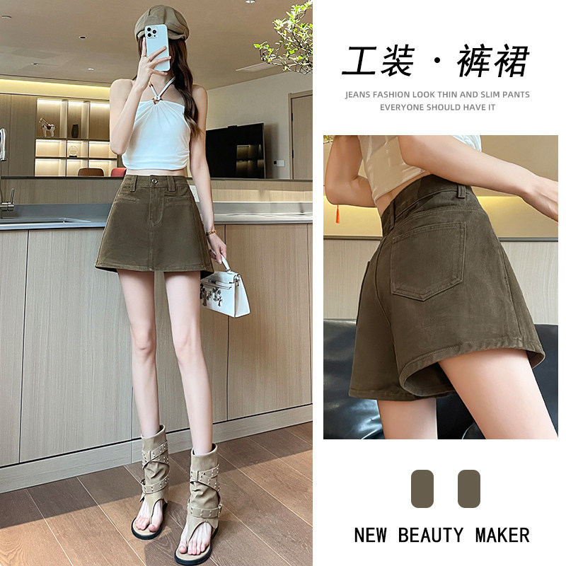 咖色工装防走光牛仔短裙裤女图片