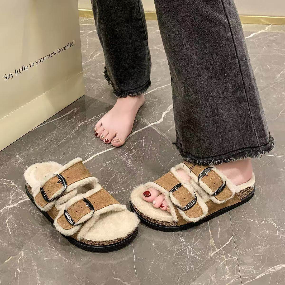 2025新款冬季厚底一字拖外穿加绒博肯拖鞋秋冬女鞋毛毛鞋家居棉鞋
