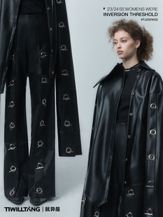 复古高腰长裤 TIWILLTANG 解构调节直筒皮裤 垣提页屿 瘦 就异是