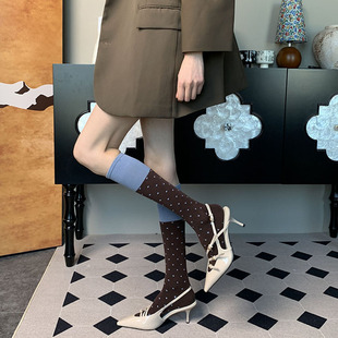 打破沉寂的氛围~夏季法式复古可露丽风撞色拼接波点咖啡小腿袜