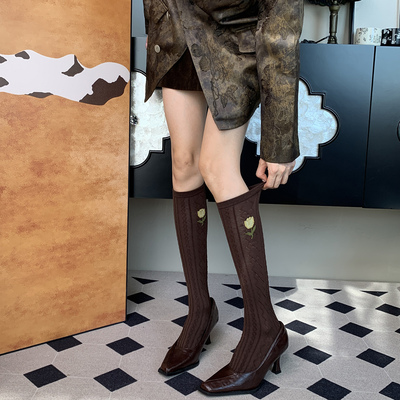 Pre-Raphaelite 拉斐尔前派唯美主义复兴深咖一朵花秋季小腿袜女