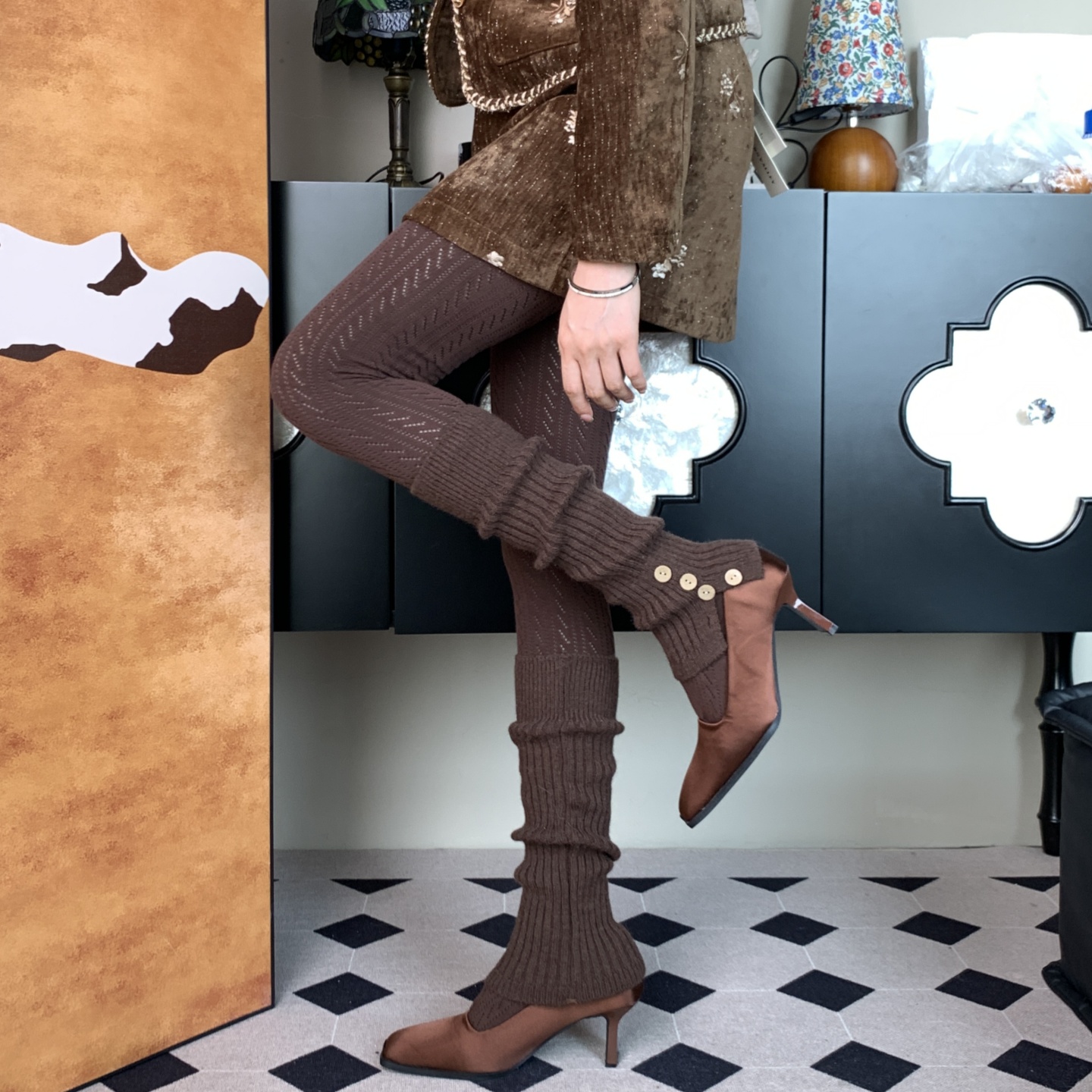 慵懒老钱美拉德风针织咖色连裤袜女叠搭同色系堆堆袜套