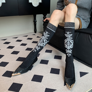 古典宫廷风睿智图腾印花黑色法式长筒袜女秋冬季端庄老钱风小腿袜